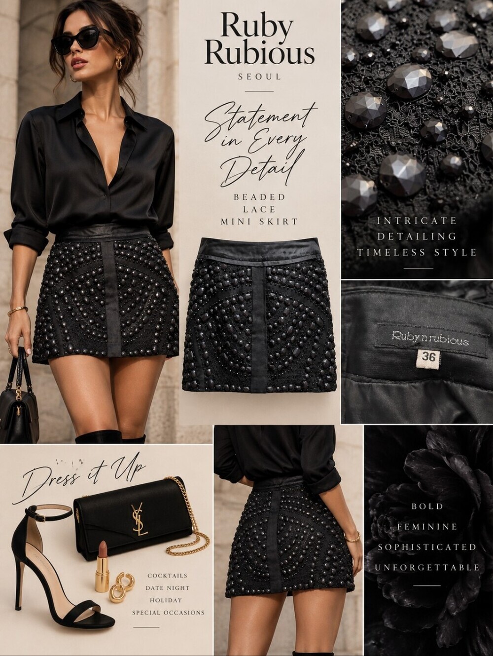 Ruby Rubious Black Mini Skirt Lace Bead Embellishments - 36 EU